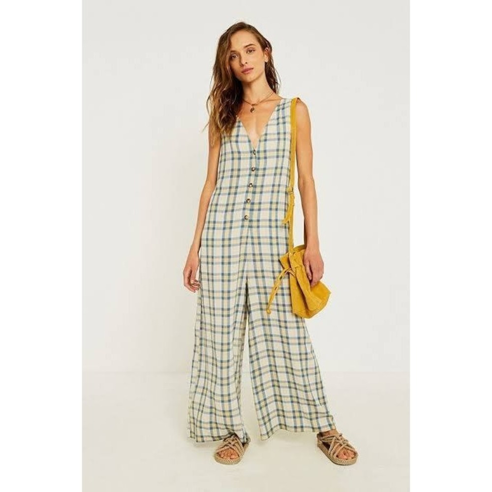 Urban Outfitters Yellow Blue Plaid Button Front Wide Leg Jumpsuit Size L